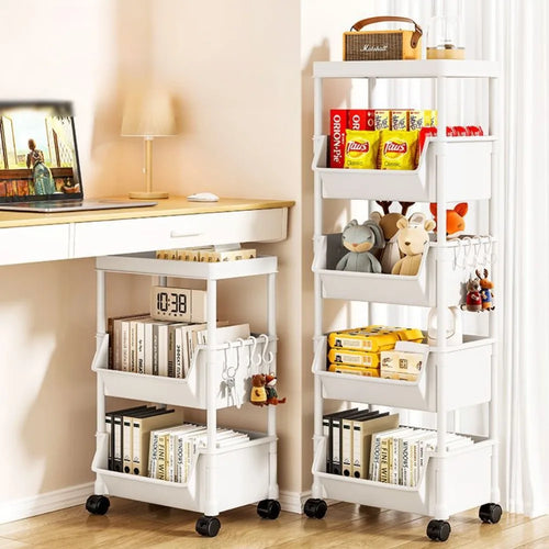 Bookshelf With Wheels Multi-Layer Movable Trolley Home Snack Organizer Shelf Kitchen Vegetable Basket Bedroom Mobile Cart Racks