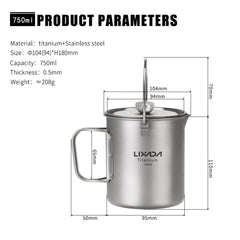Lixada 750ml Titanium Coffee Cup Mug French Press Pot Coffee Maker Outdoor Camping Cooking Pot with Folding Titanium Spoon